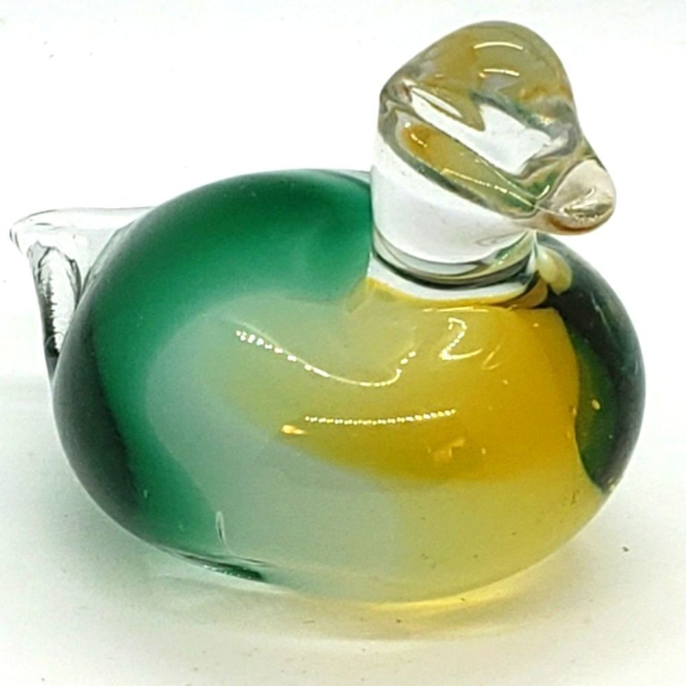 Murano Sommerso Vintage Green White Yellow Art Glass Duck Figurine  Paperweight